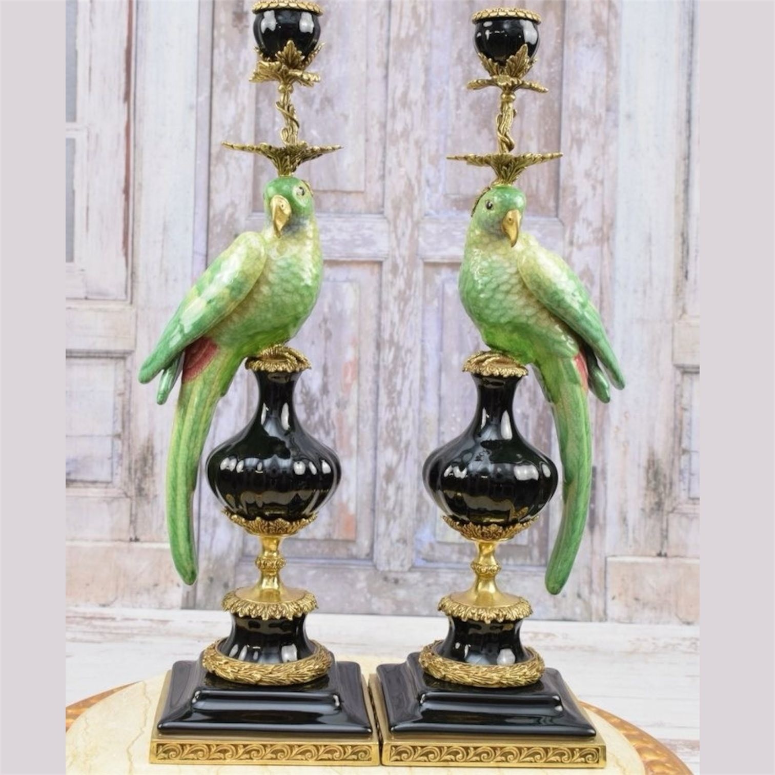 CANDLE HOLDERS BRONZE PAIR PORCELAIN PARROT MOUNTED Candlesticks Birds Decor Art
