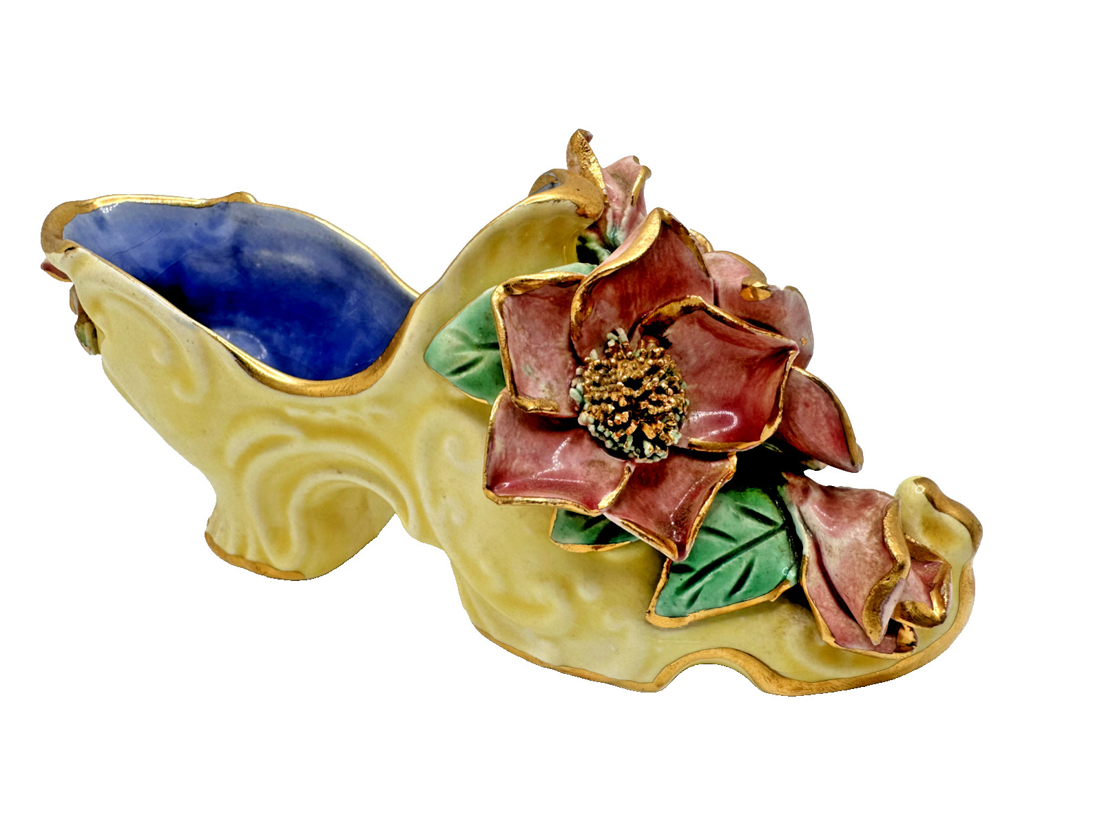 VTG ROZART PINK ROSES POTTERY YELLOW SHOE PLANTER VASE GOLD TRIM 6 VTG ROZART PINK ROSES POTTERY YELLOW SHOE PLANTER VASE GOLD TRIM 6