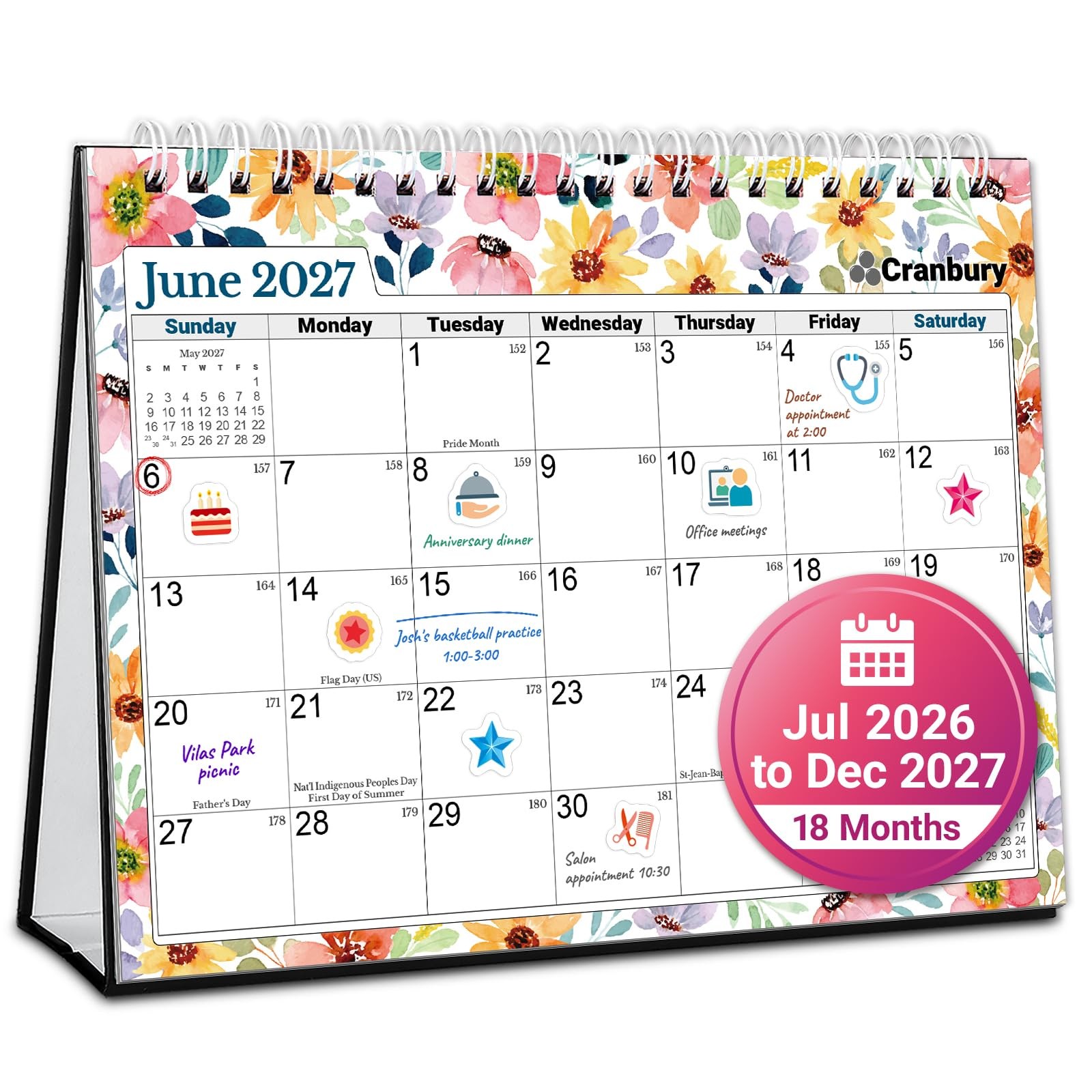 CRANBURY 2026-2027 Floral Desk Calendar 8x6 Standing Flip Planner 234 Stickers