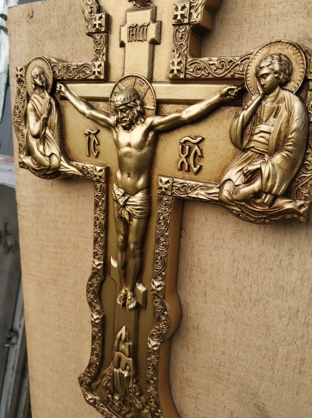 Antique gold Wooden  Carved  Cross. Large. Wall cross. Orthodox. 