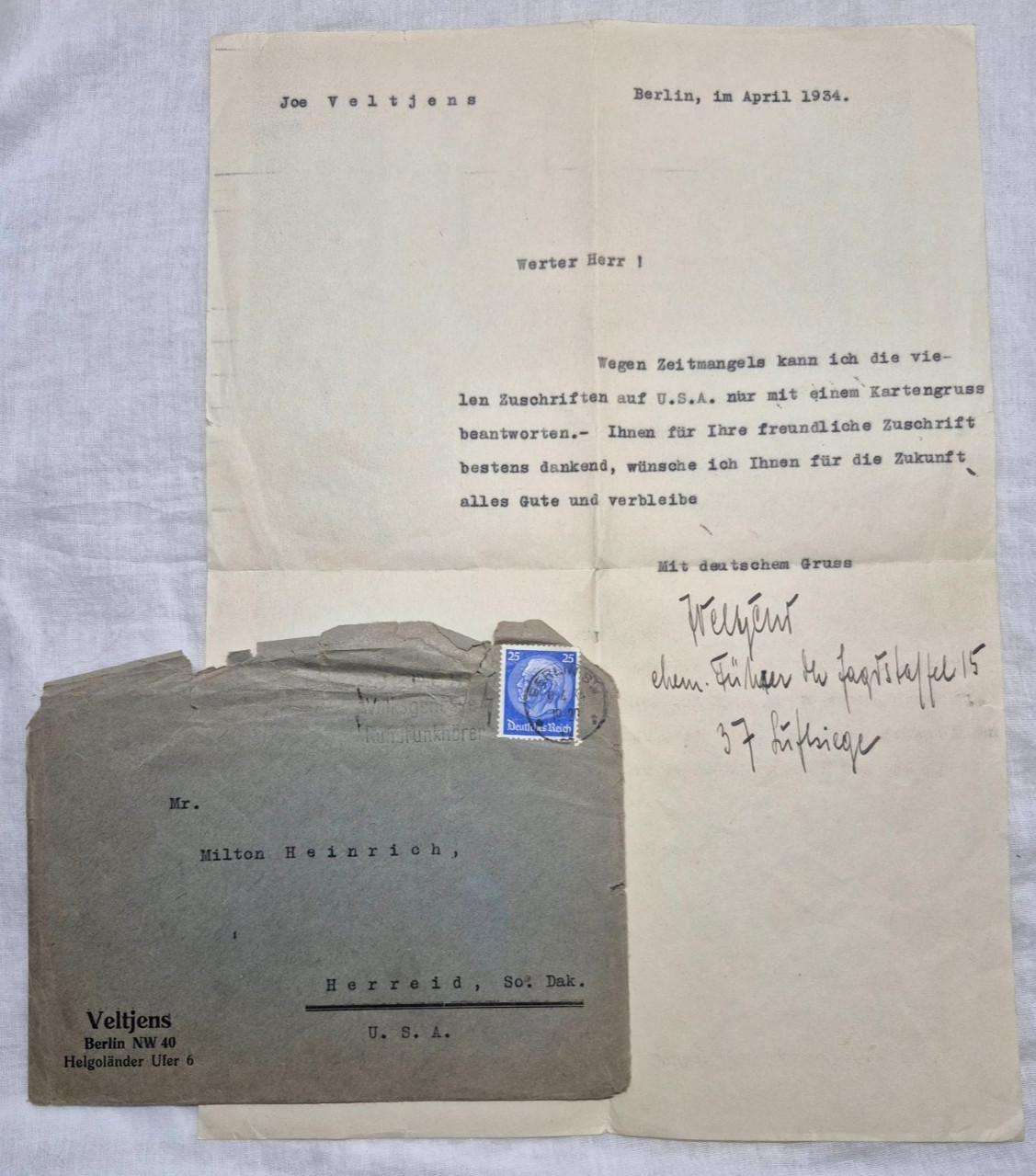 1934 Josef Veltjens German WWI Fighter Ace 35 Victories Signed Letter to USA