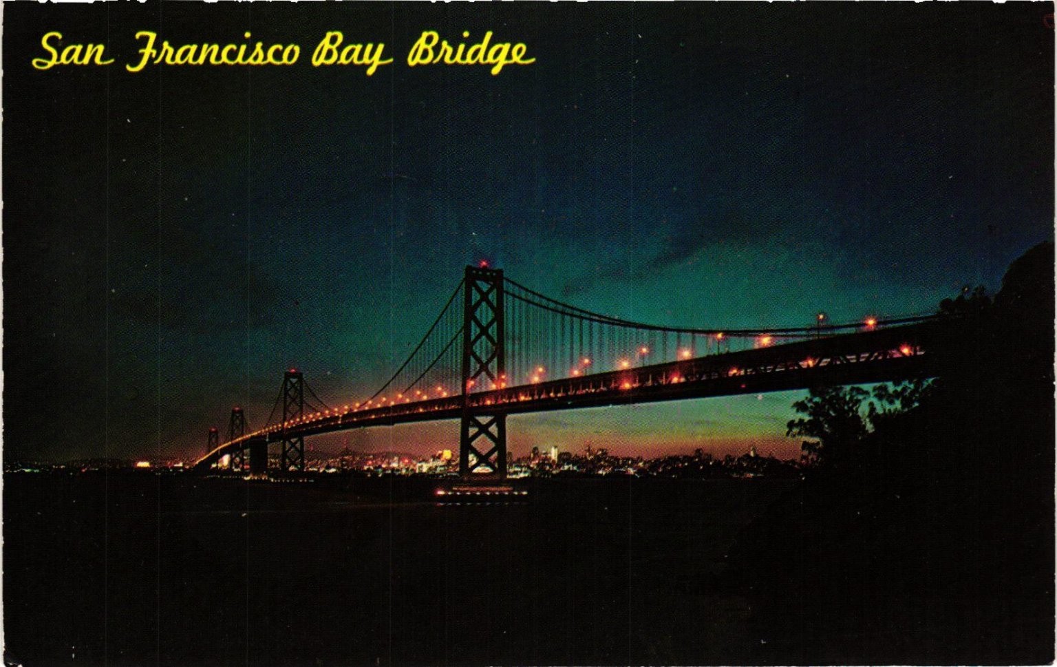 Vintage San Francisco Bay Bridge Night View Postcard by Russ Halford