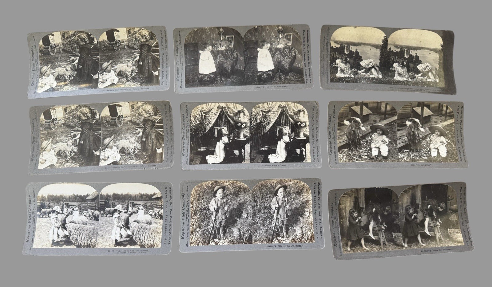 9 Antique Keystone Stereoview Cards Children Kids Animals Humorous Staged Scenes