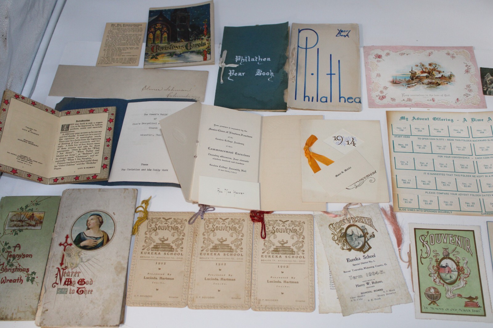 Vintage ephemera paper lot, mixed, 1902 04 05 Eureka School OH, 1914 Goshen Col+