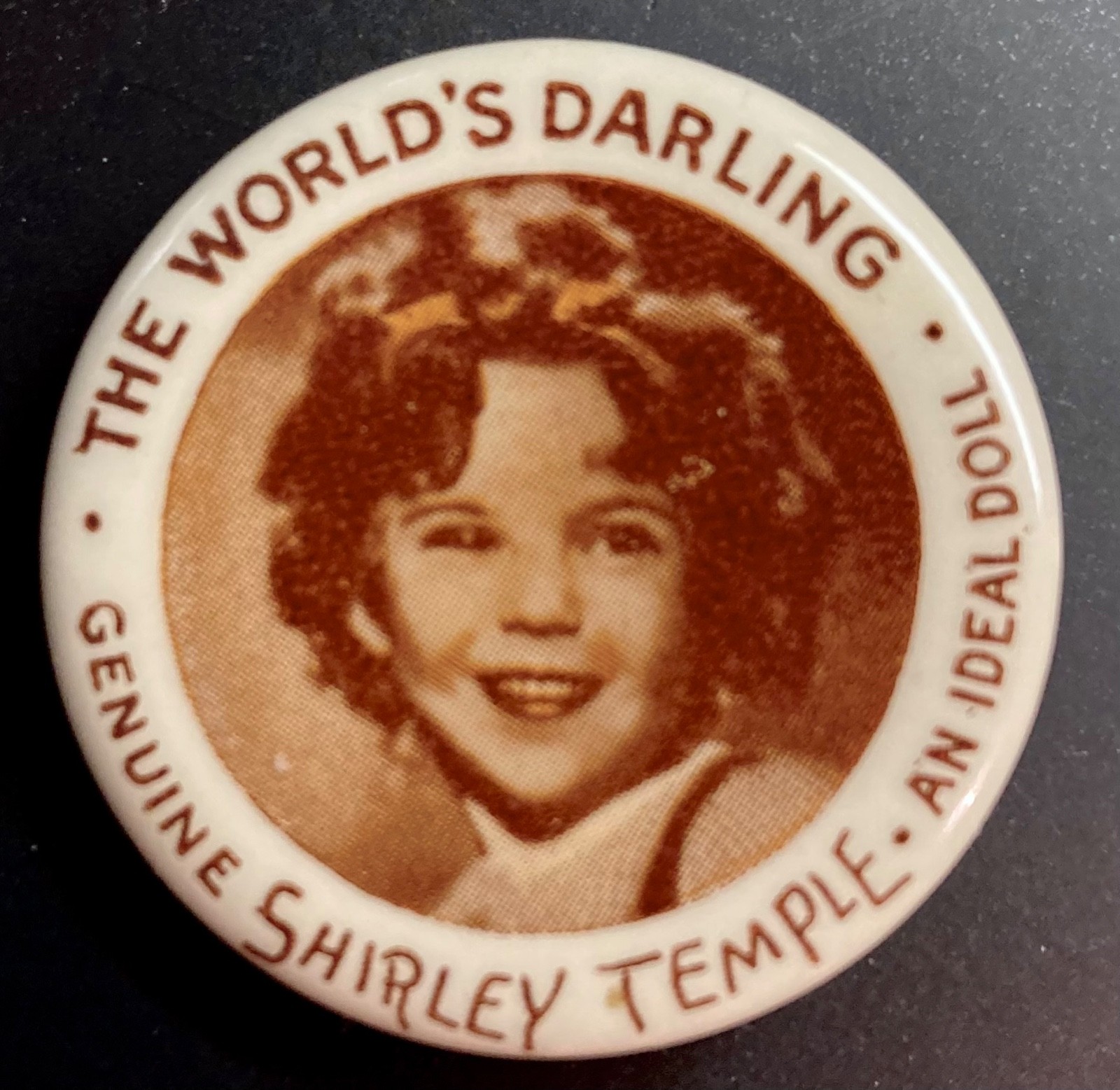Vintage Genuine Shirley Temple The World\'s Darling pinback button, Ideal Toy Co.