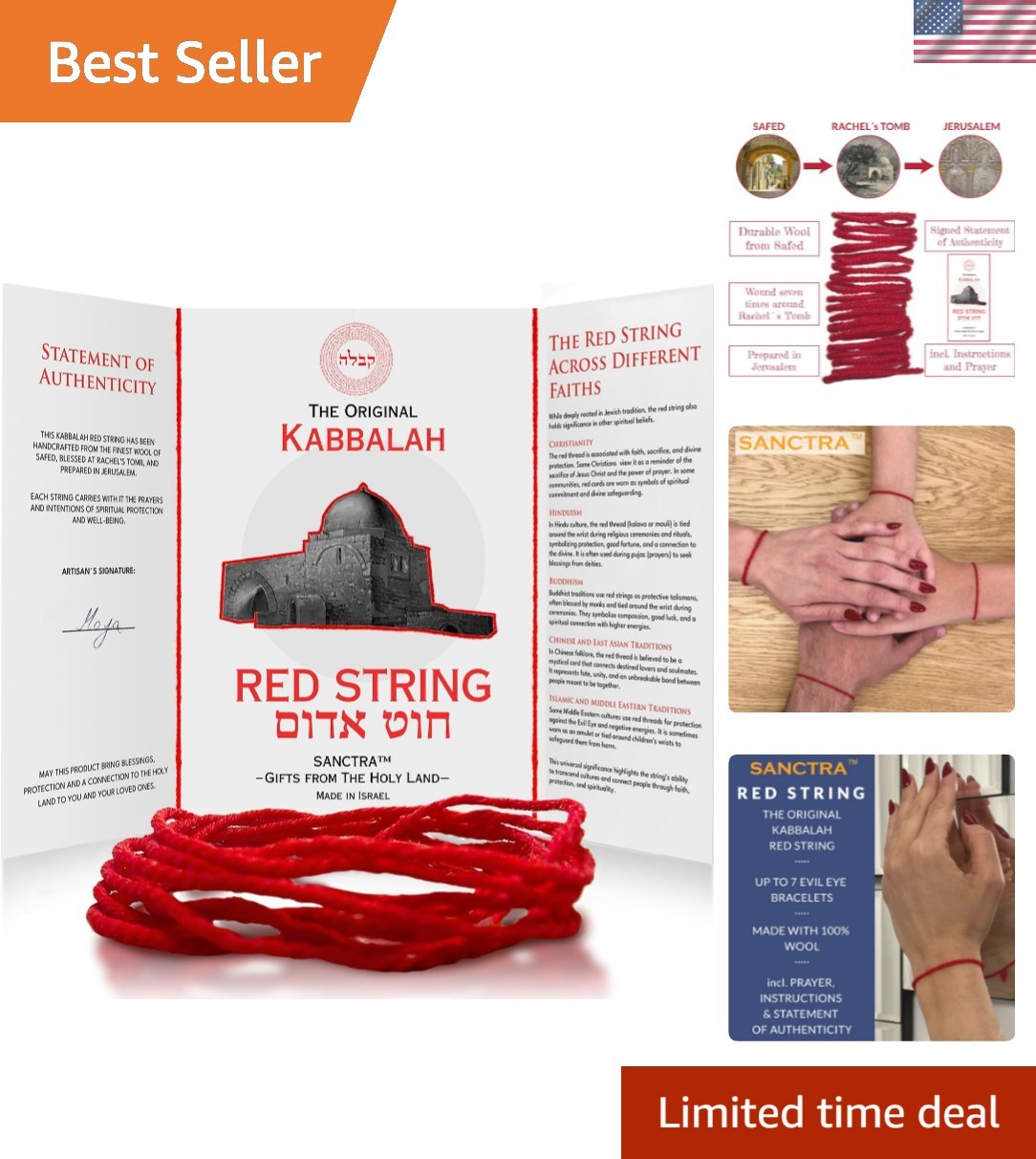 The  Kabbalah Red String, Handmade and Blessed in the Holy Land, 100%