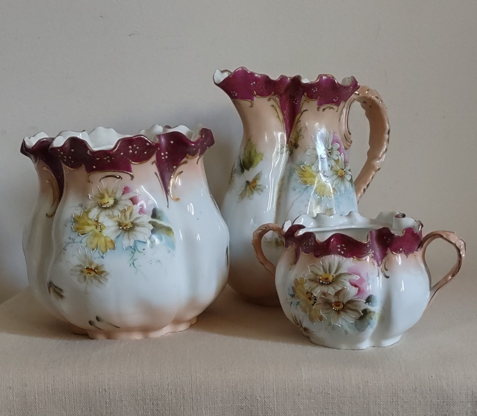 Lovely Antique Victorian Hand Painted Porcelain Pitcher, Vase  & Sugar Bowl Set