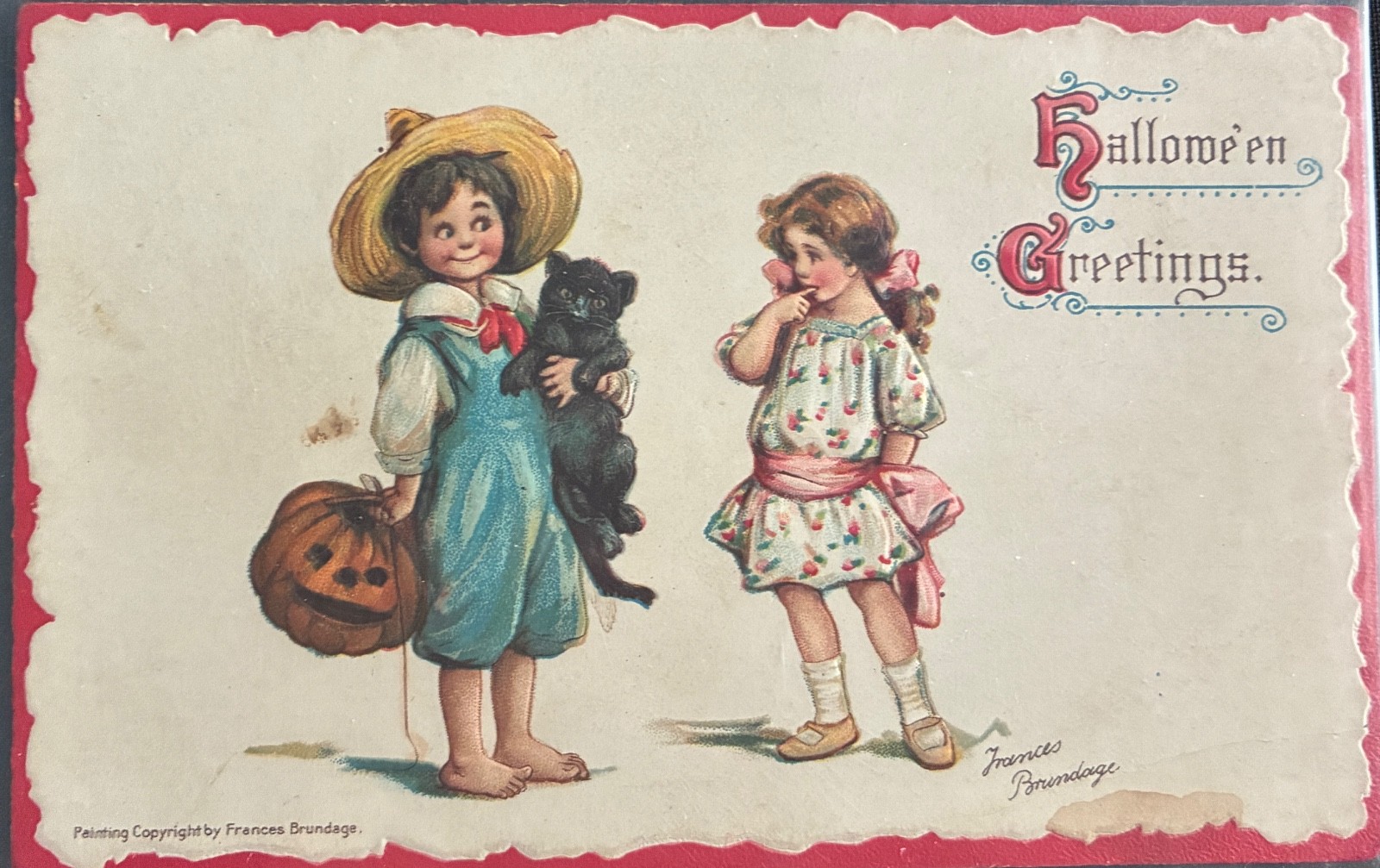 c1916 Singed Brundage #121 Halloween Postcard Young Children,Black Cat c1916 Singed Brundage #121 Halloween Postcard Young Children,Black Cat