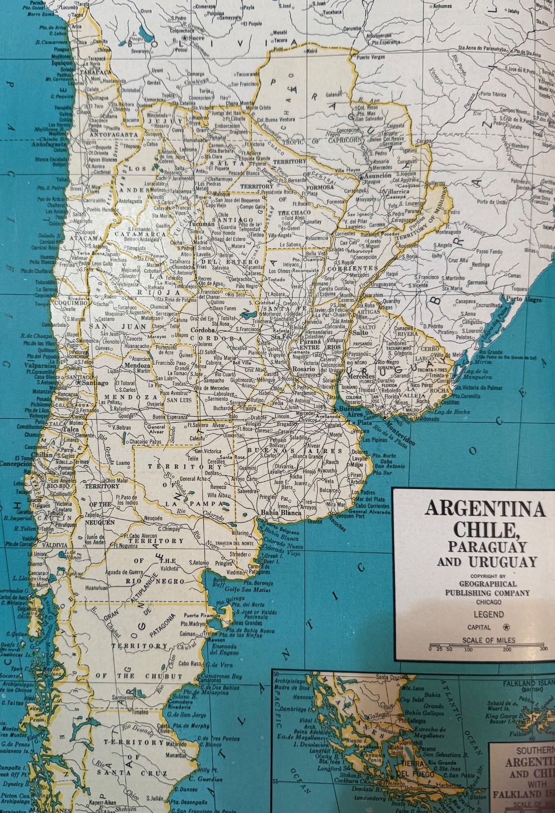 Vintage 1945 WORLD WAR 2 ERA MAP  OF ARGENTINA, CHILE, PARAGUAY, URUGUAY