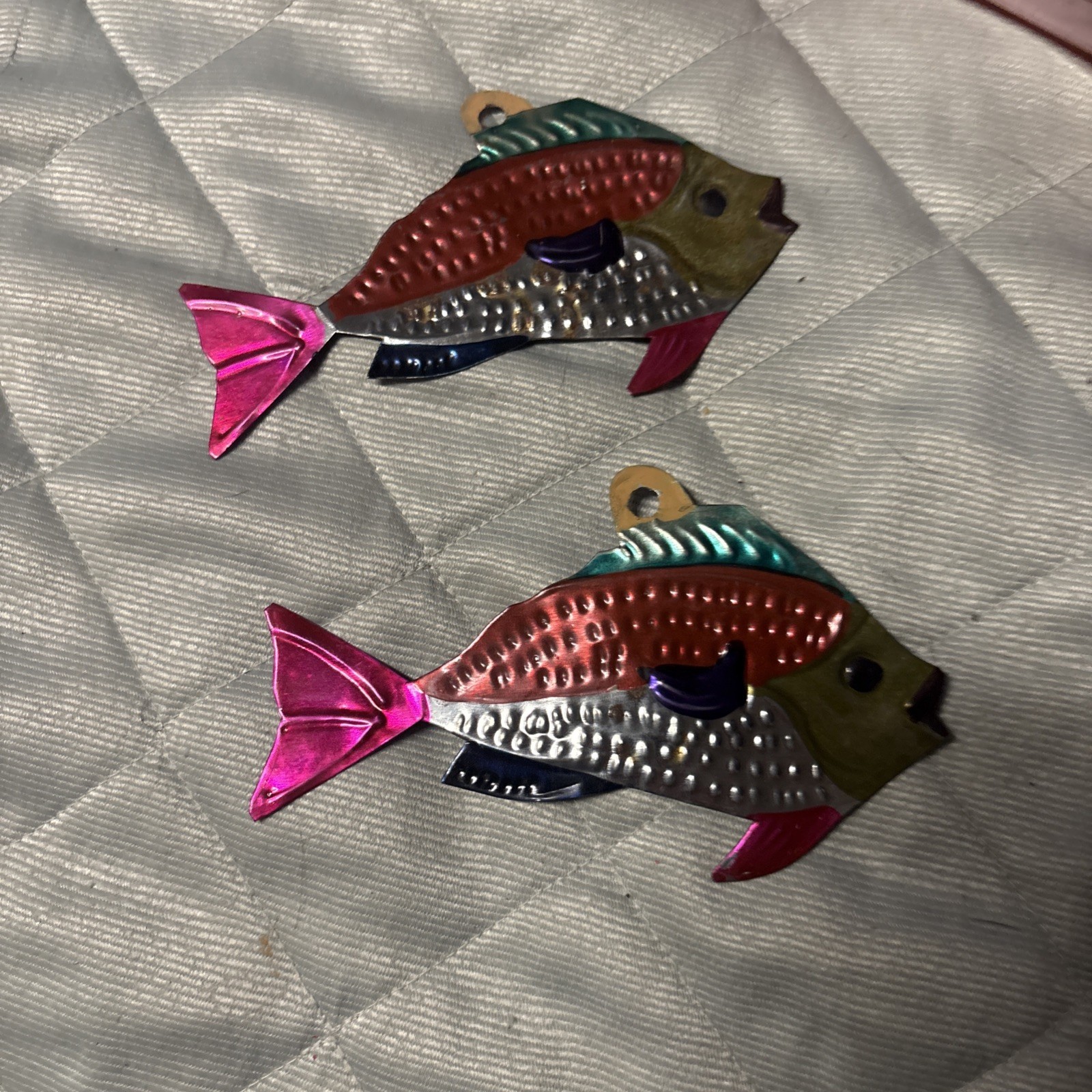 Vintage Mexican tin ornaments 2 fish