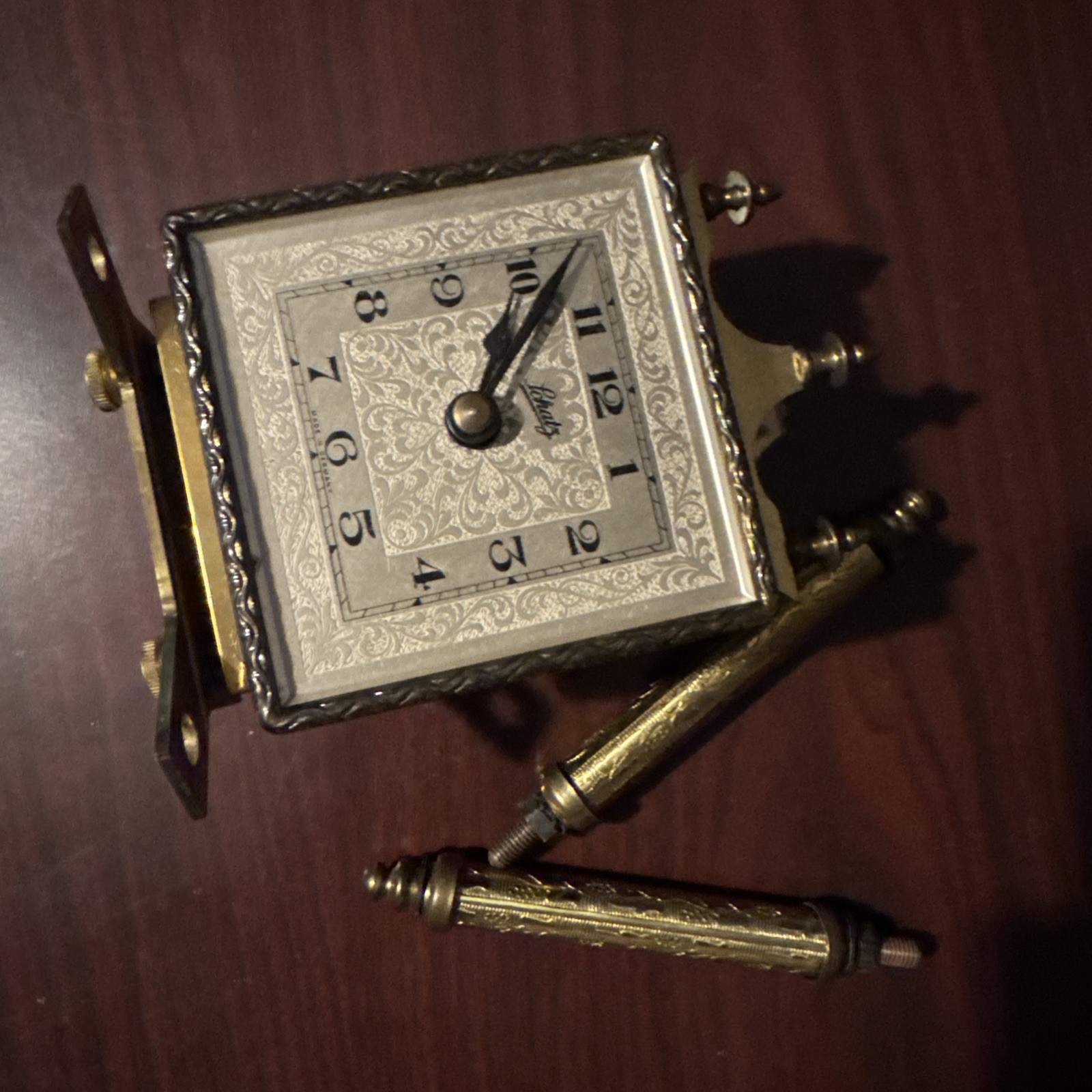 Vintage SCHATZ CLOCK GLASS DOME SQUARE FACE 1953 GERMANY  w/o 4-Ball Pendulum