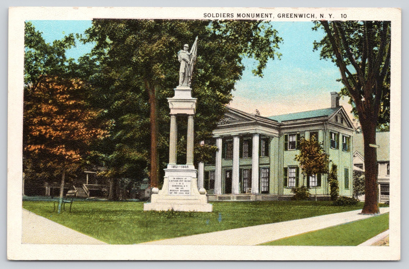 Soldiers Monument, Greenwich NY New York Postcard 1920s White Border Unposted