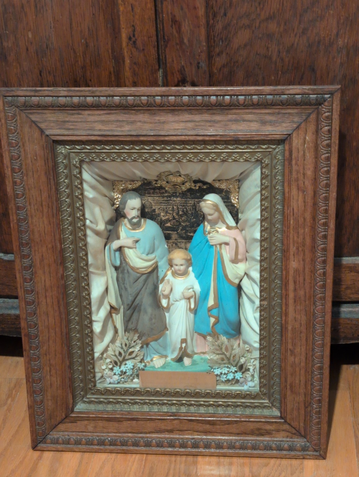 Antique 1800s Pope Pius VII Holy Family Wood Shadow Box Jesus Joseph Mary 