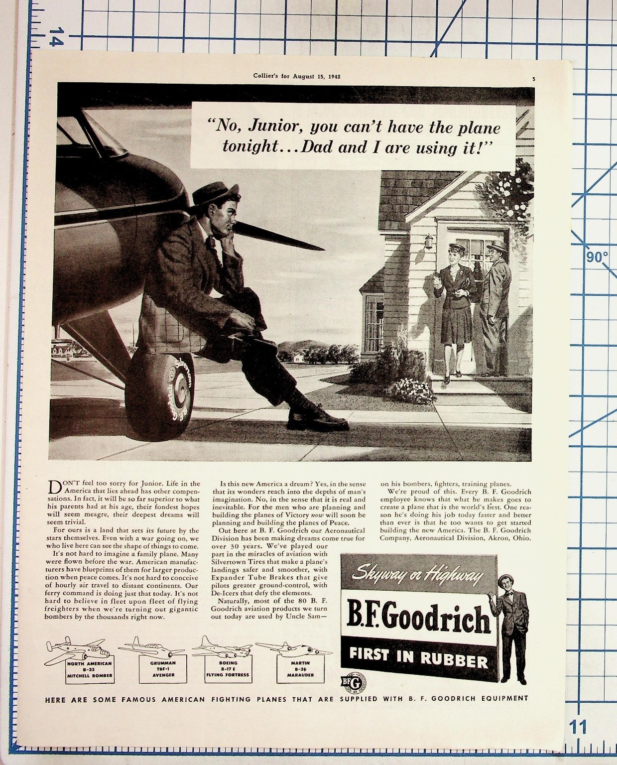 1942 B.F. Goodrich WWII Aviation Ad Collier\'s Mitchell Bomber B-17 Flying