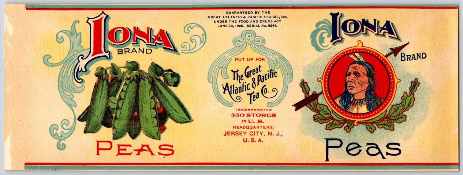 Iona Peas Paper Can Label A&P The Great Atlantic & Pacific Tea Co. VGC c1910\'s