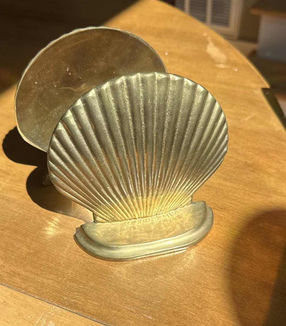 Vintage Solid Brass Sea Shell Heavy Brass Bookends 80s nautical