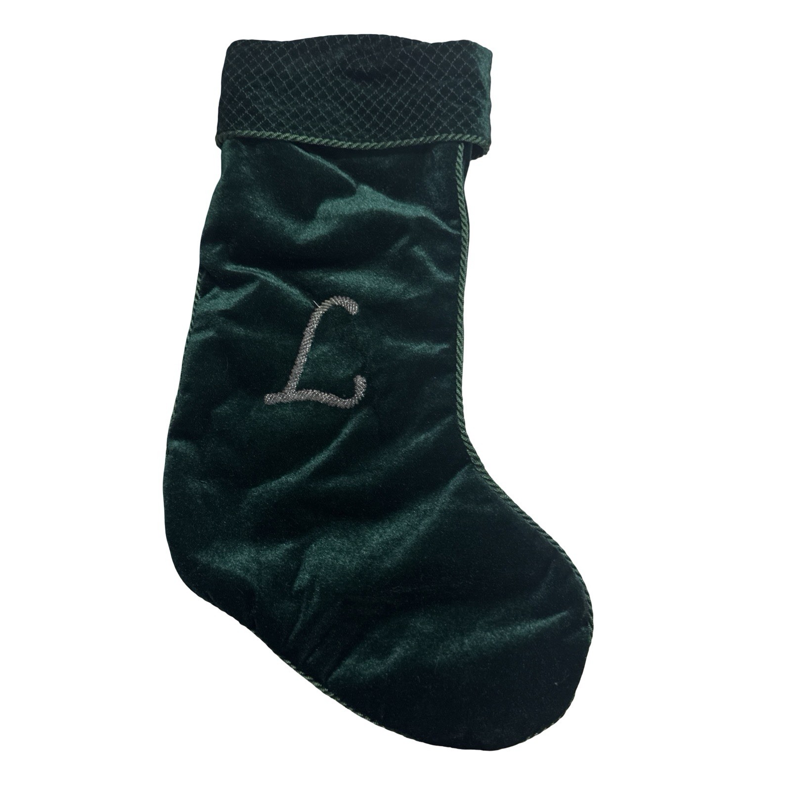 Prima creations Green monogrammed silver L Christmas stocking 19” Prima creations Green monogrammed silver L Christmas stocking 19”