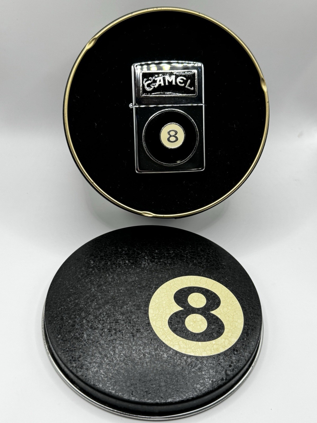Vintage ZIPPO 1994 Camel 8 Eight Ball Polished Chrome Lighter w/ Matching Tin