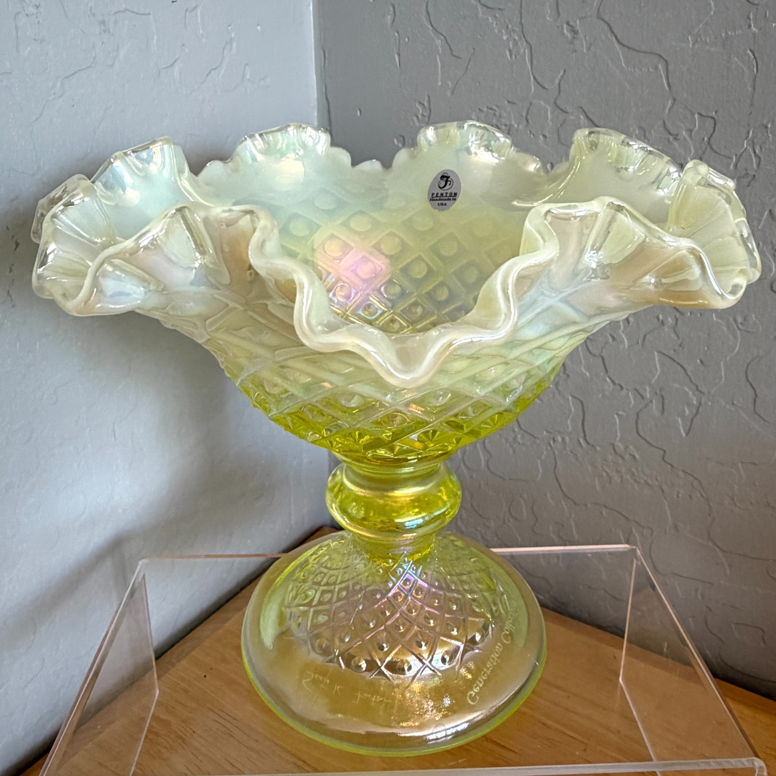 Fenton Topaz Opalescent Diamond Lace Compote Limited Vintage Uranium Glass Mint Fenton Topaz Opalescent Diamond Lace Compote Limited Vintage Uranium Glass Mint