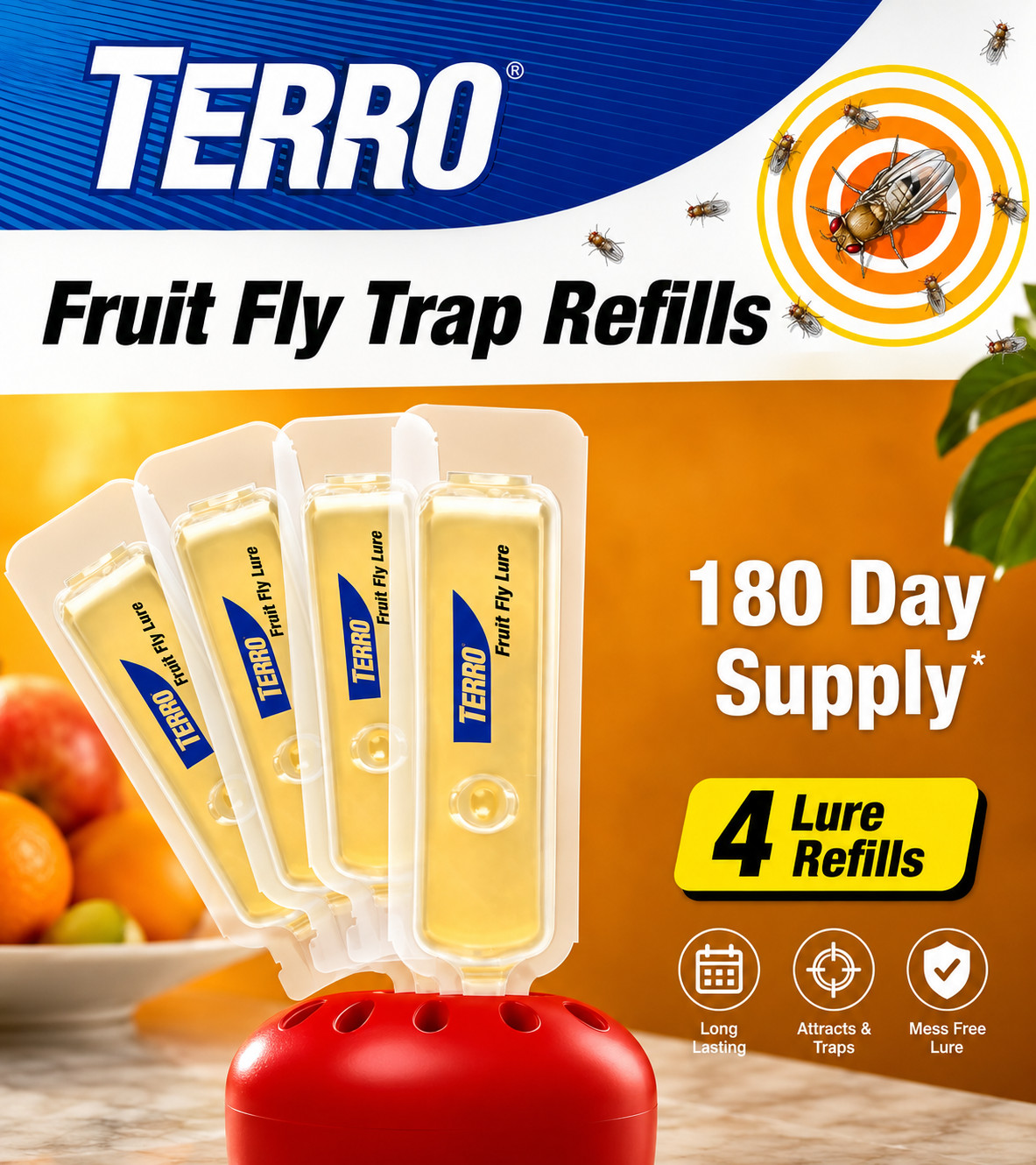 TERRO Fruit Fly Trap Refills, 4-Pack Liquid Bait, 180-Day Indoor Supply