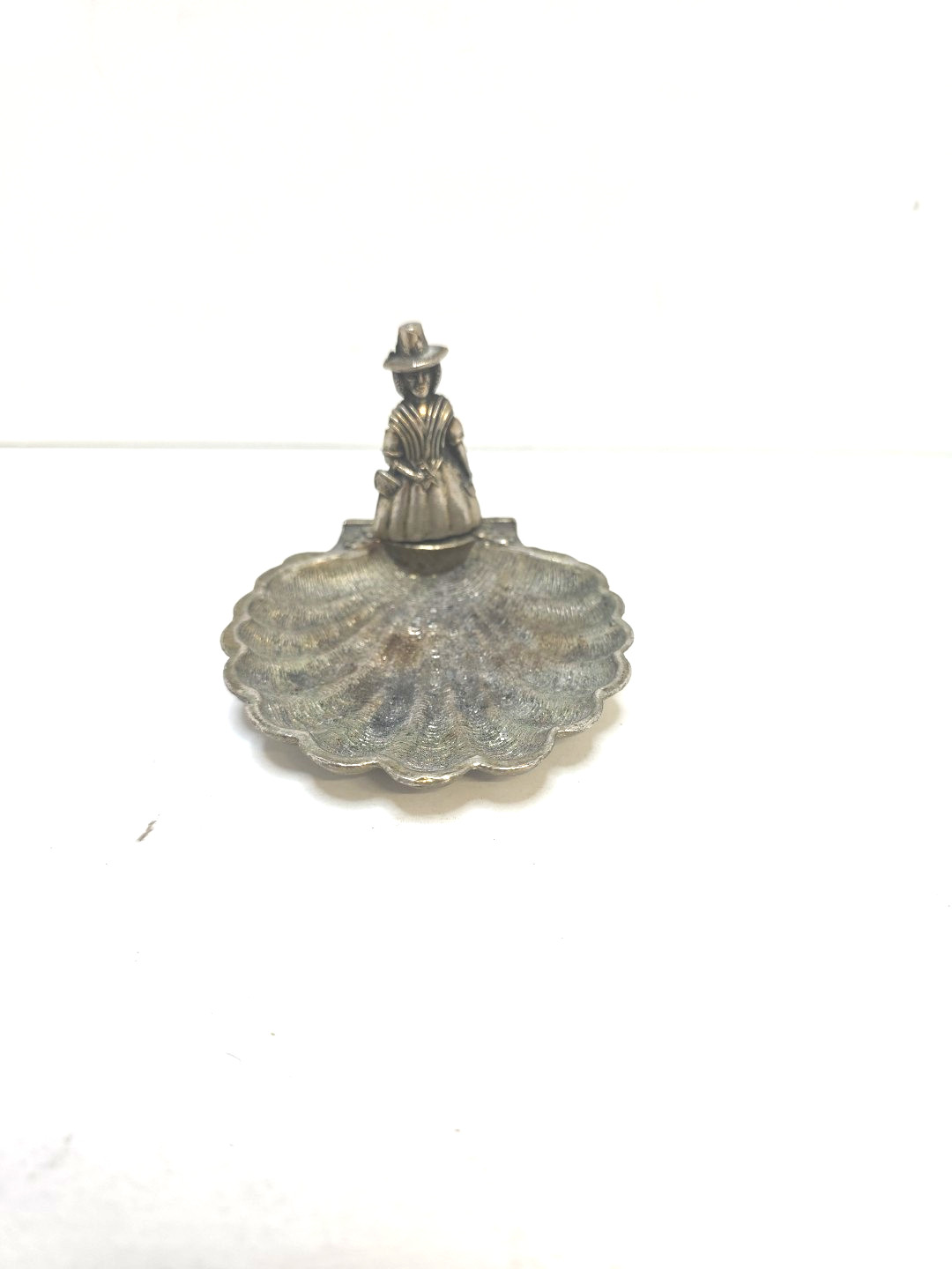 Vintage Shell Silver Plated Ring Holder W/ Victoria Era Woman Statue