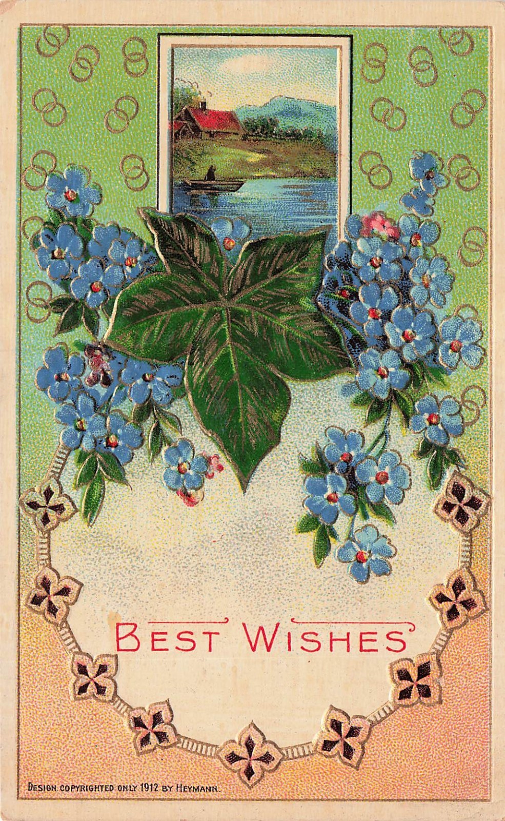 Heymann 1912 Birthday Card Pastoral Floral Leaves Summer Wreath Vtg Postcard 3A