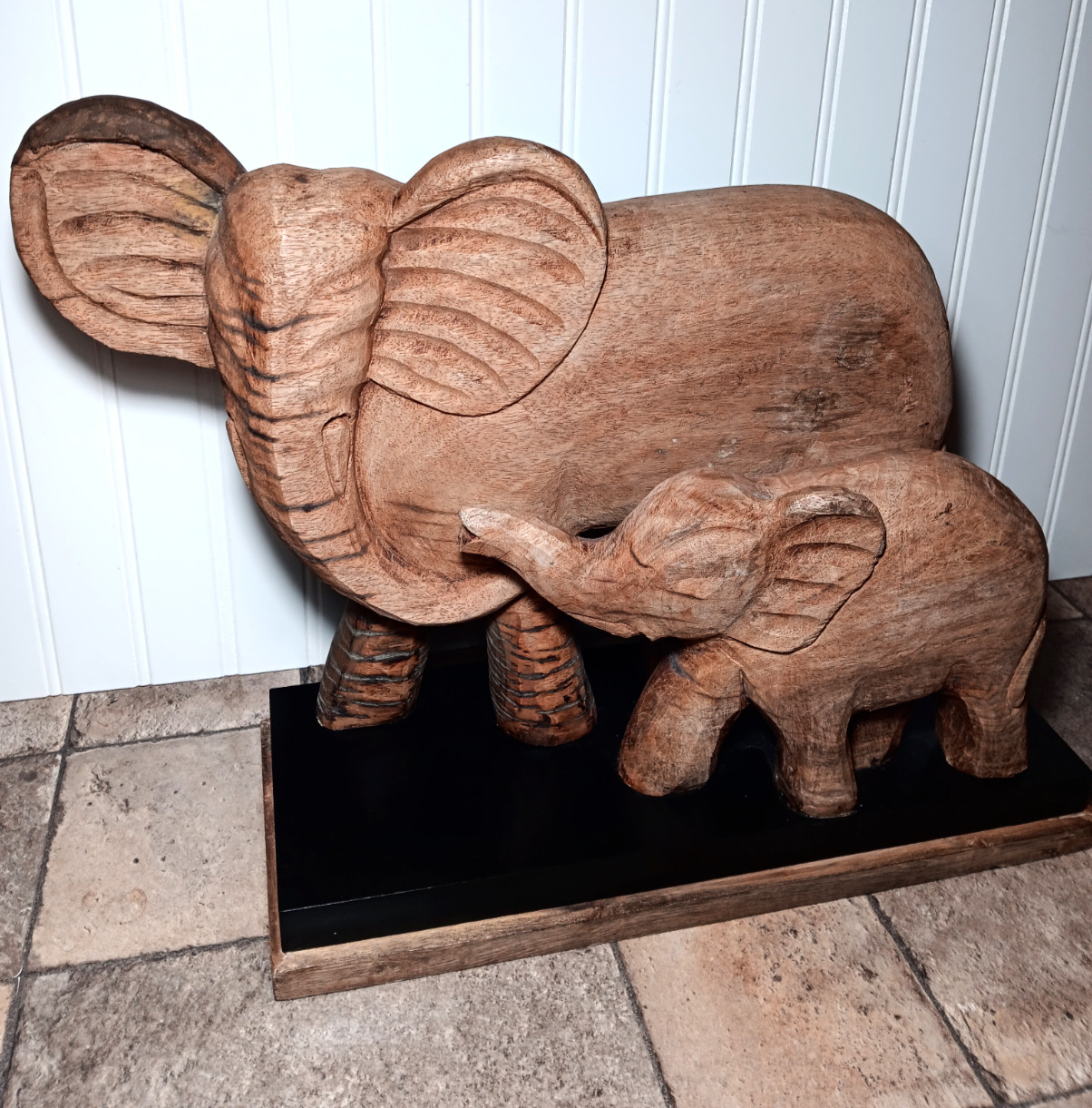 Vintage Hand Carved Wood Mother & Baby Elephant Sculpture Statue(19