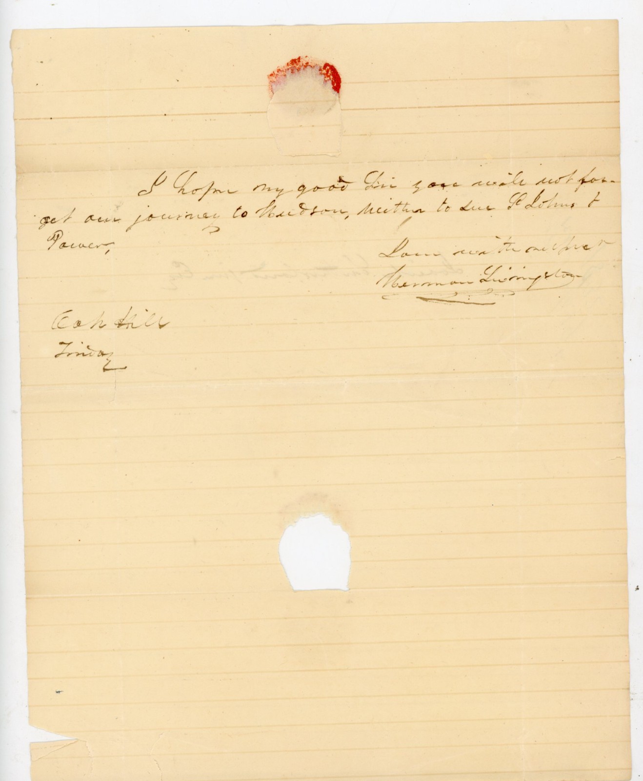 1832 Antique Handwritten Letter Signed Herman Livingston Oak Hill NY / Hudson