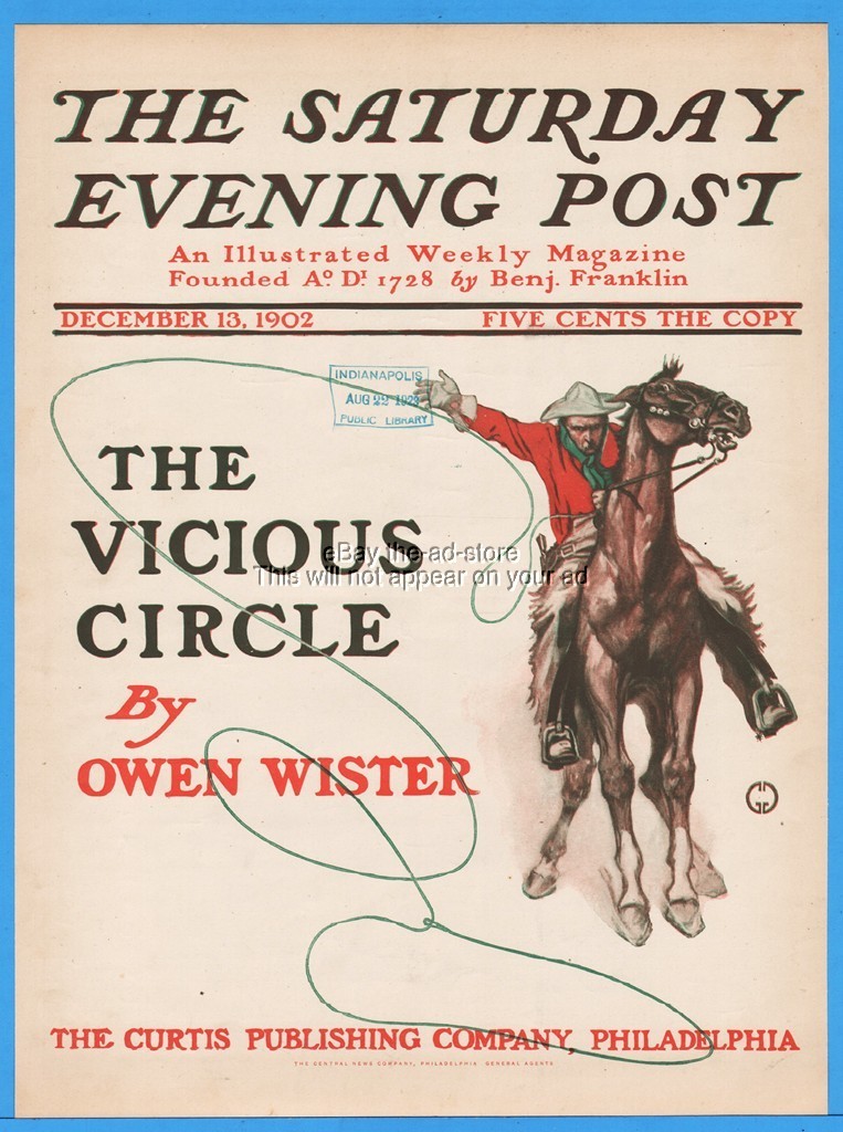 1902 Saturday Evening Post Cover Only George Gibbs Art Cowboy Horse Roping