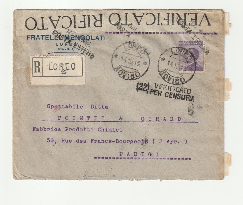 WW1 1918 Italy Censored Letter Recommended Loreo Mengolati Malaria