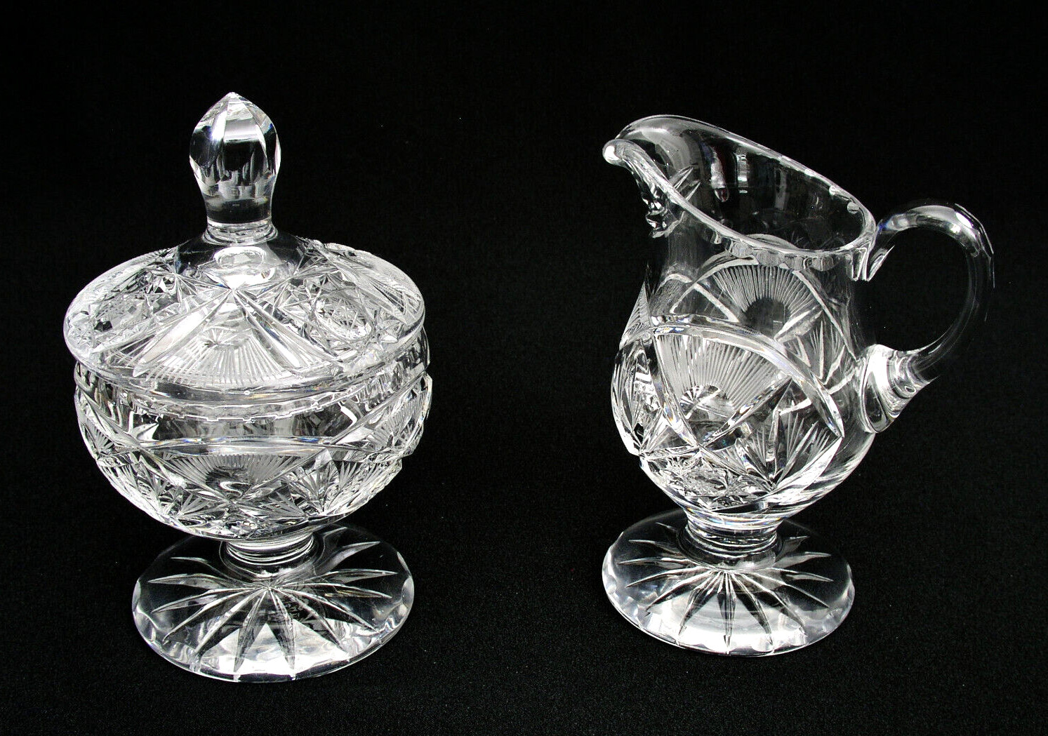 VINTAGE CUT FOOTED CRYSTAL SUGAR BOWL w/ LID & CREAMER - SUN RAY FAN & HOB STAR