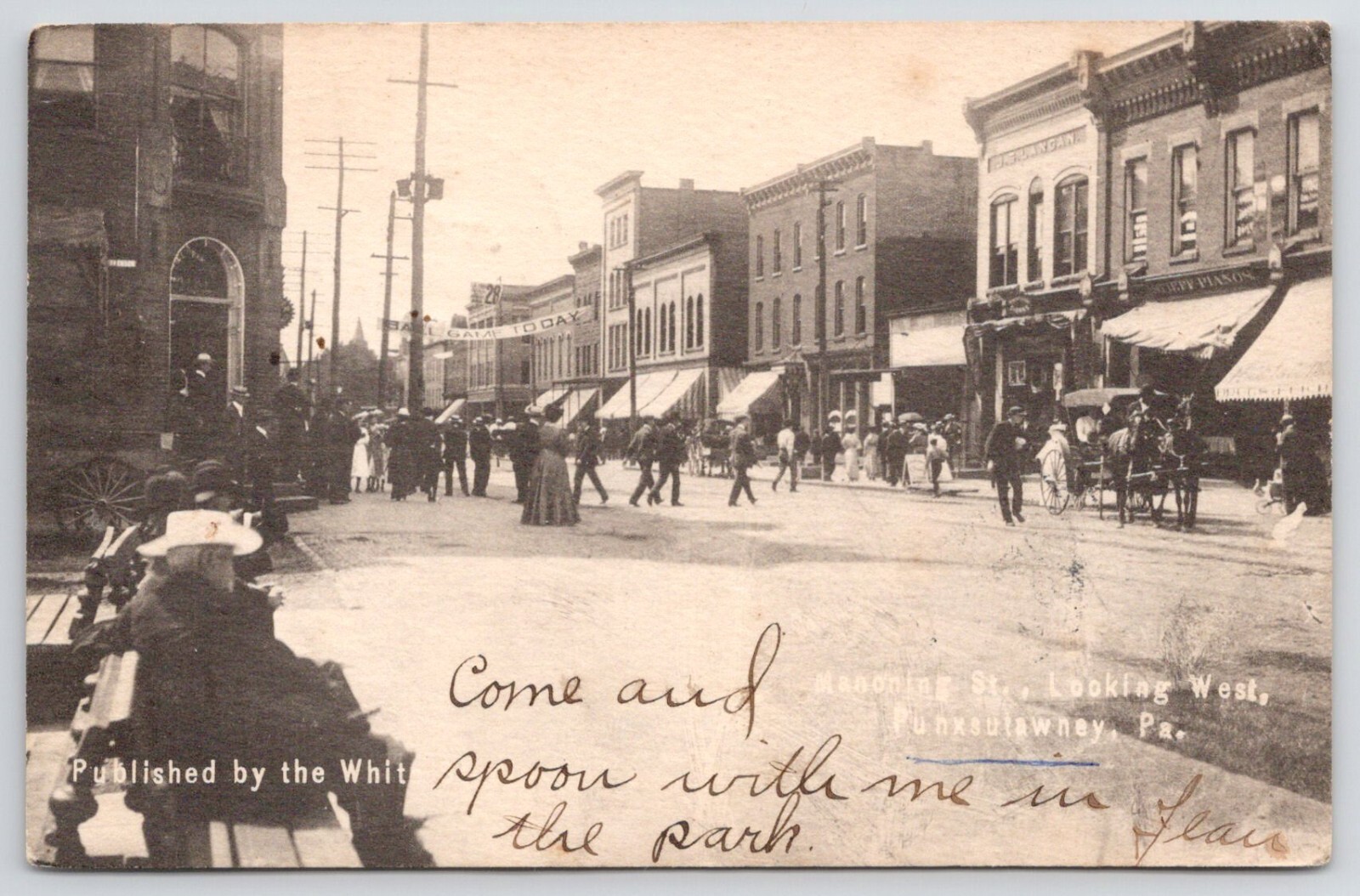 Punxsutawney PA Manning St Looking West Postcard Langan Store Piano Store Wagons