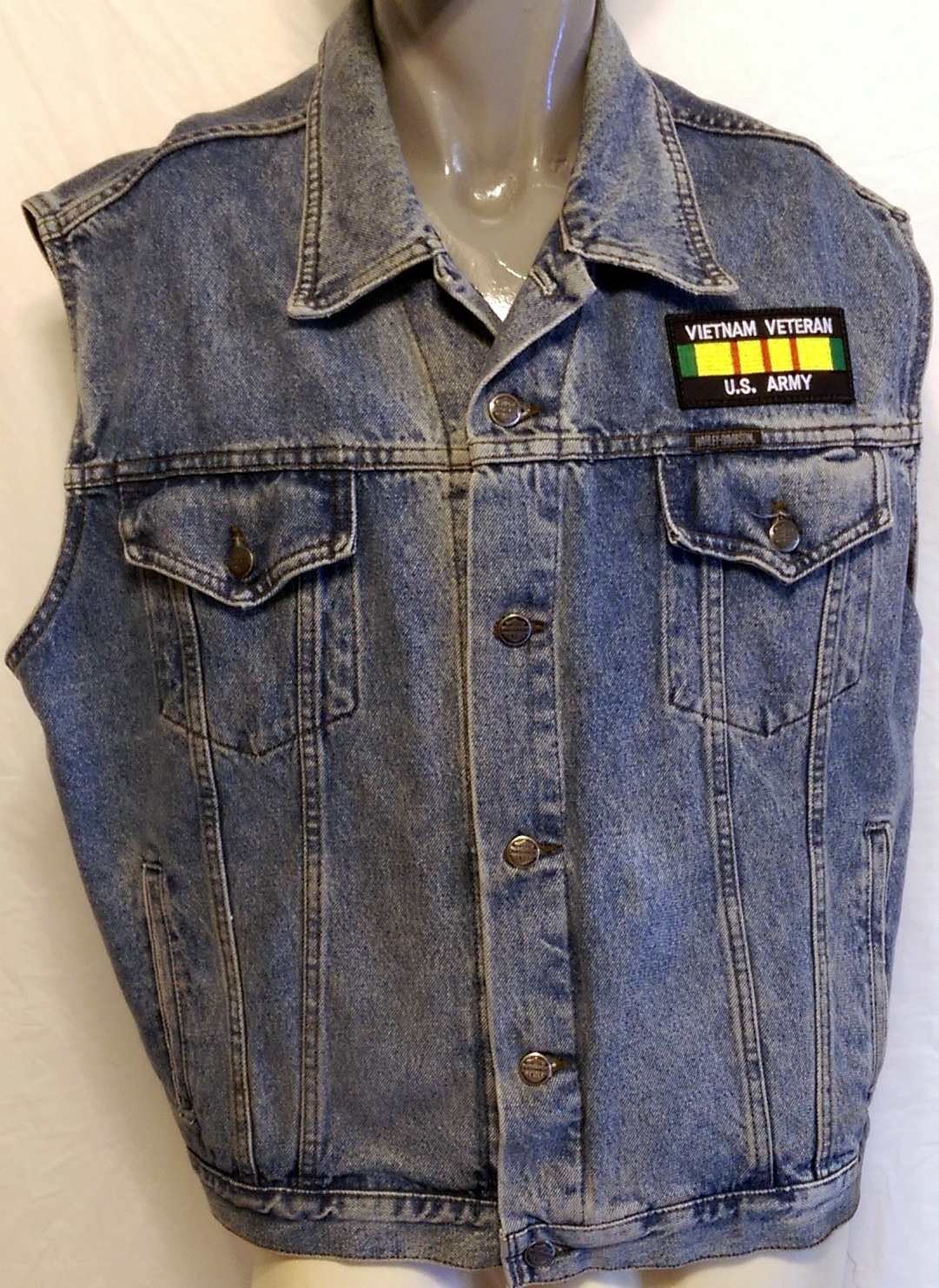 Vintage Harley Davidson Denim Vietnam Veteran\'s Vest Size Large US Army Military