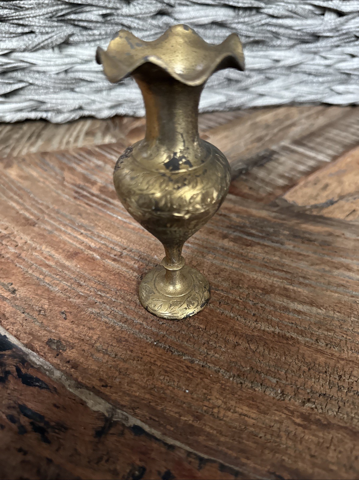 Vintage Engraved Solid Brass Bud Vase Fluted Ruffle Rim Floral 7” India Decor