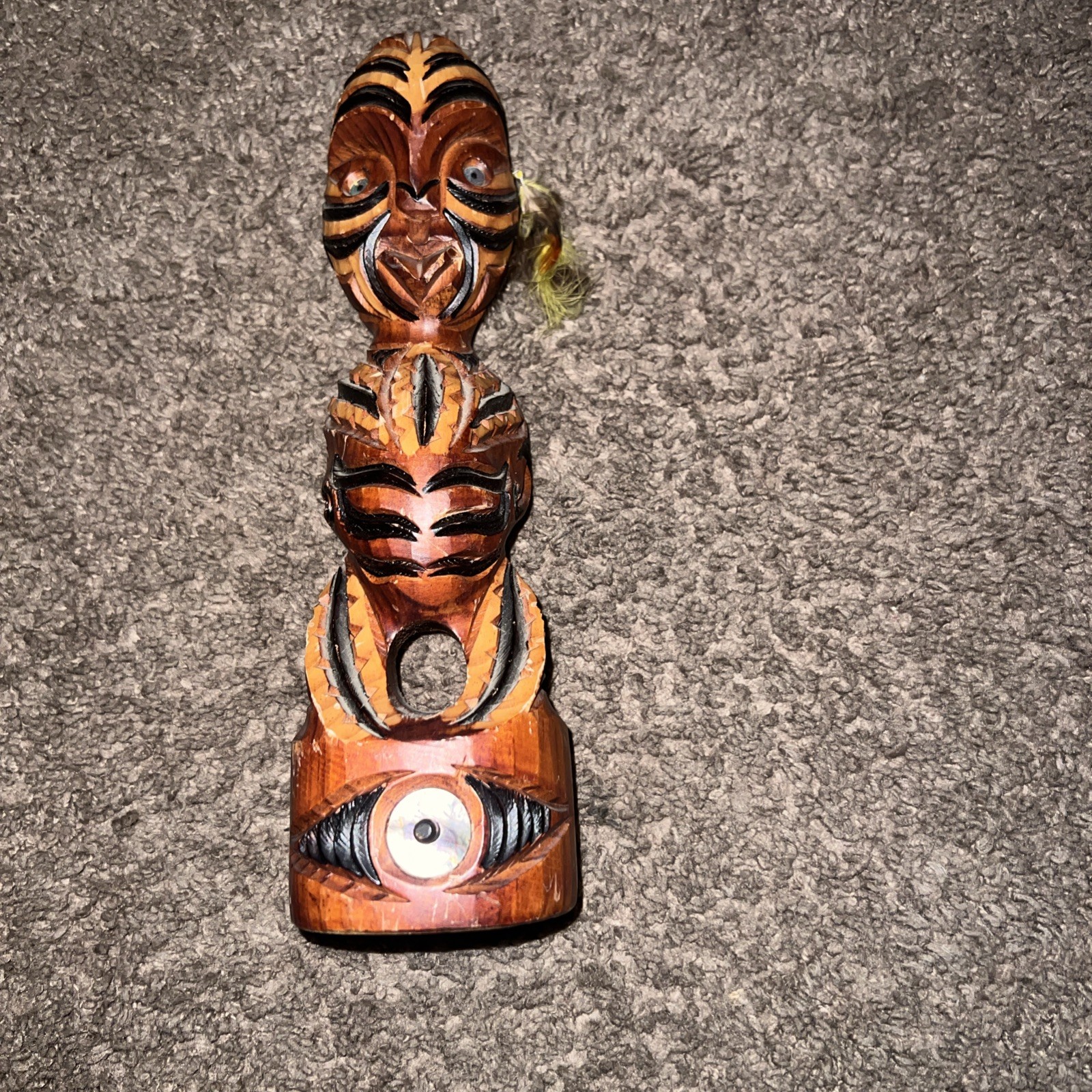 Vintage Hand Carved Maori Tiki Wooden Totem Figure Paua Eyes New Zealand Tribal