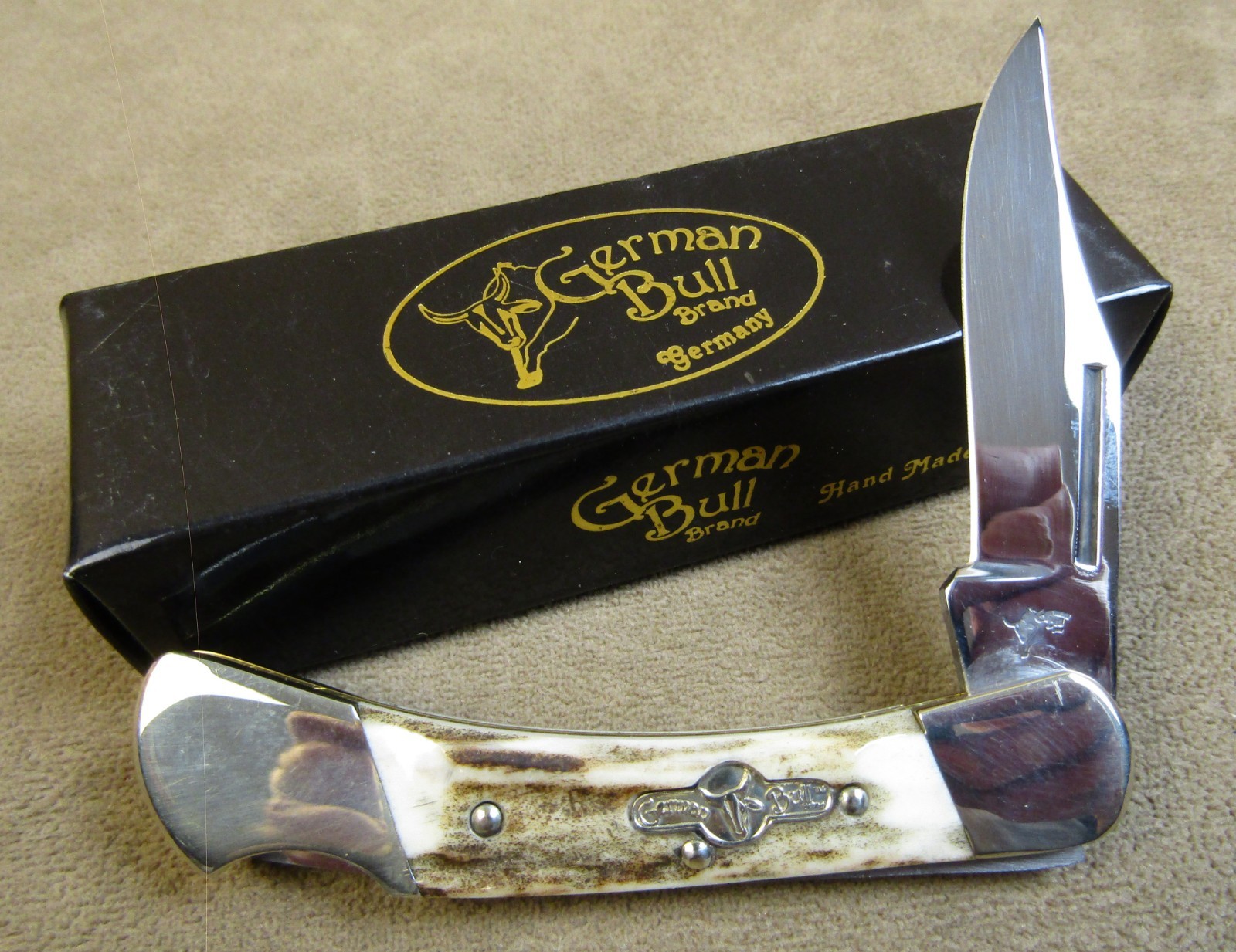 NOS VINTAGE GERNMAN BULL BRAND HAND MADE GB-110 SS STAG LOCKBACK FOLDING KNIFE