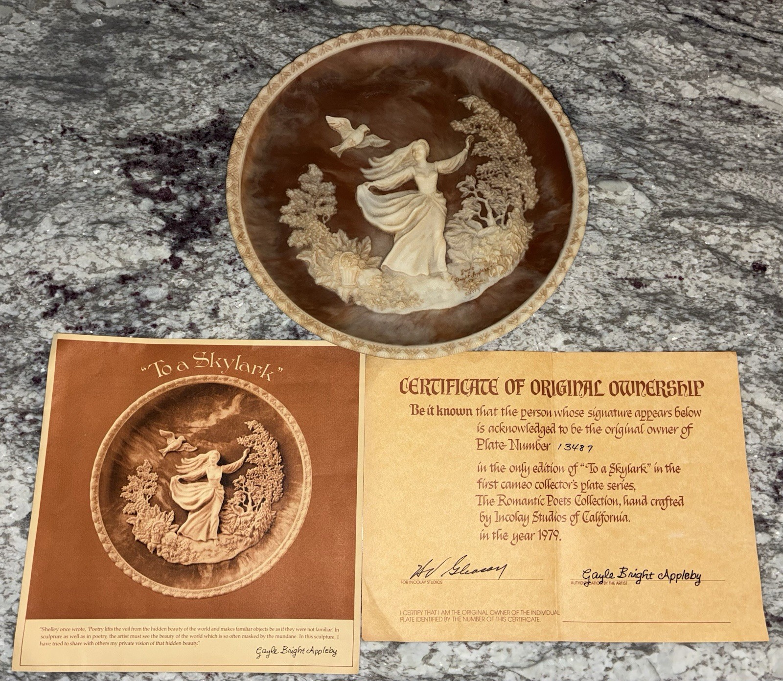 Signed Incolay Stone Collector Plate \'To A Skylark\' by Gayle Bright Appleby 1979
