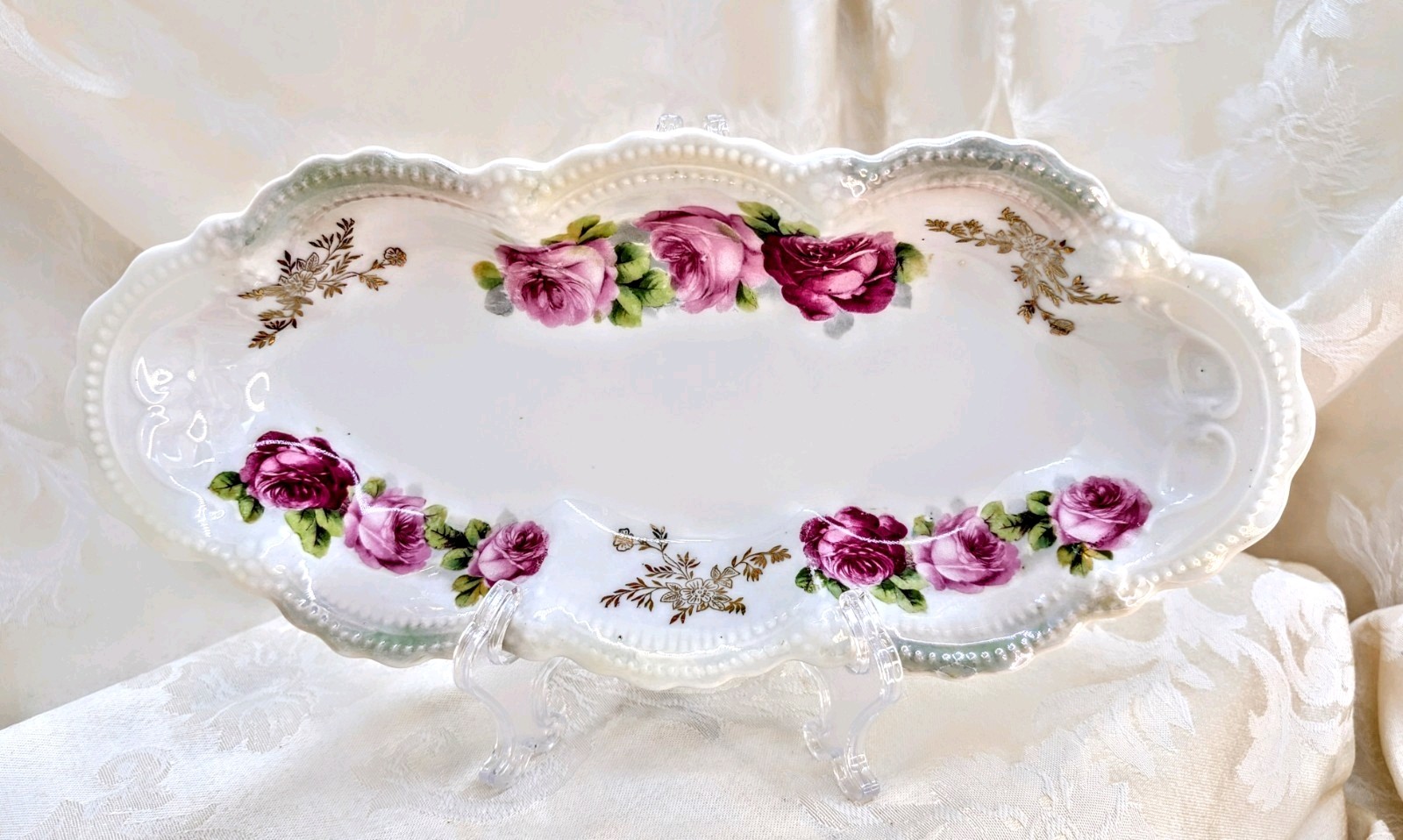 Antique Leuchtenburg Germany Celery Serving Dish Pink Roses Gold Floral Long 