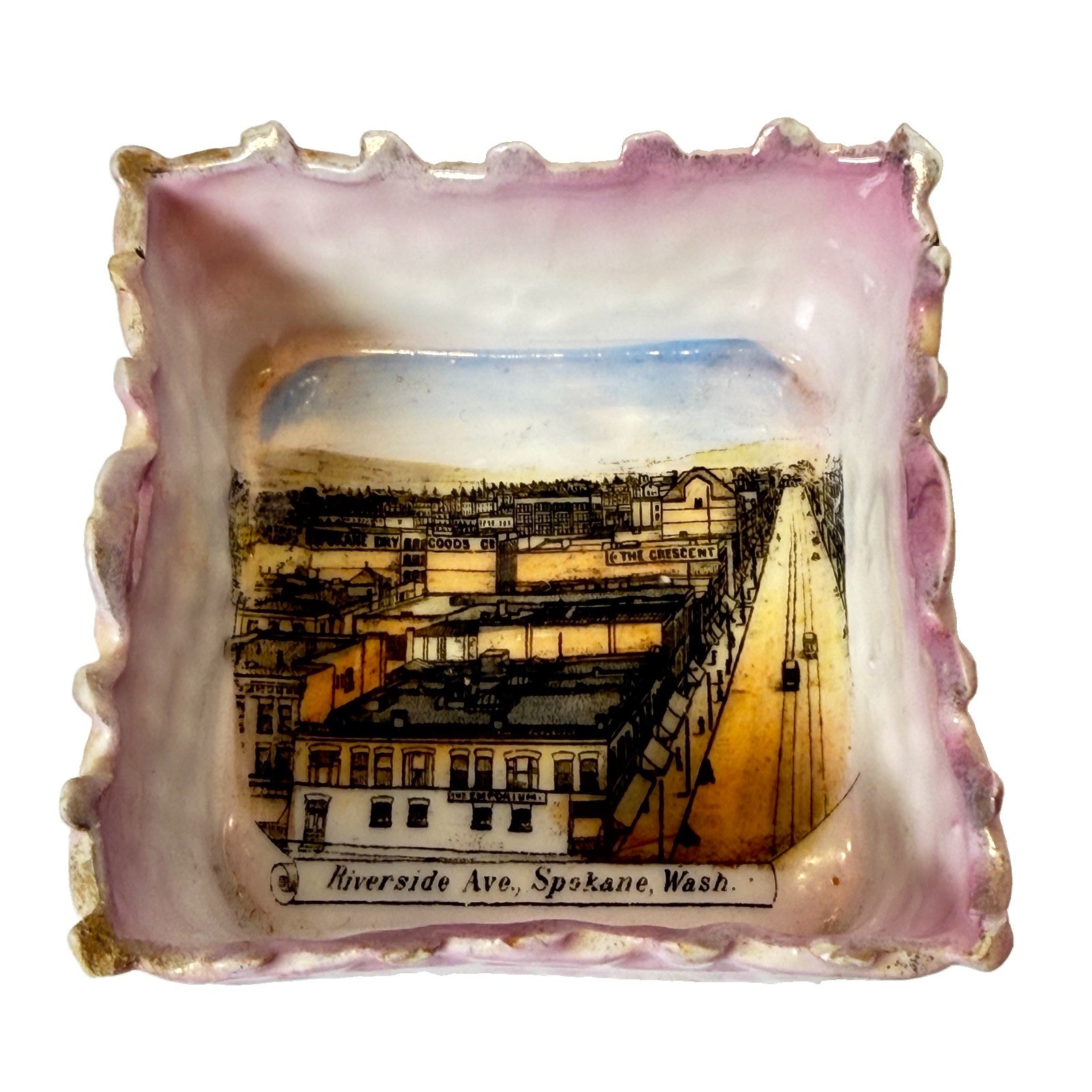 SPOKANE WA WASHINGTON Antique RIVERSIDE AVE  Souvenir Heart TRINKET ASHTRAY DISH