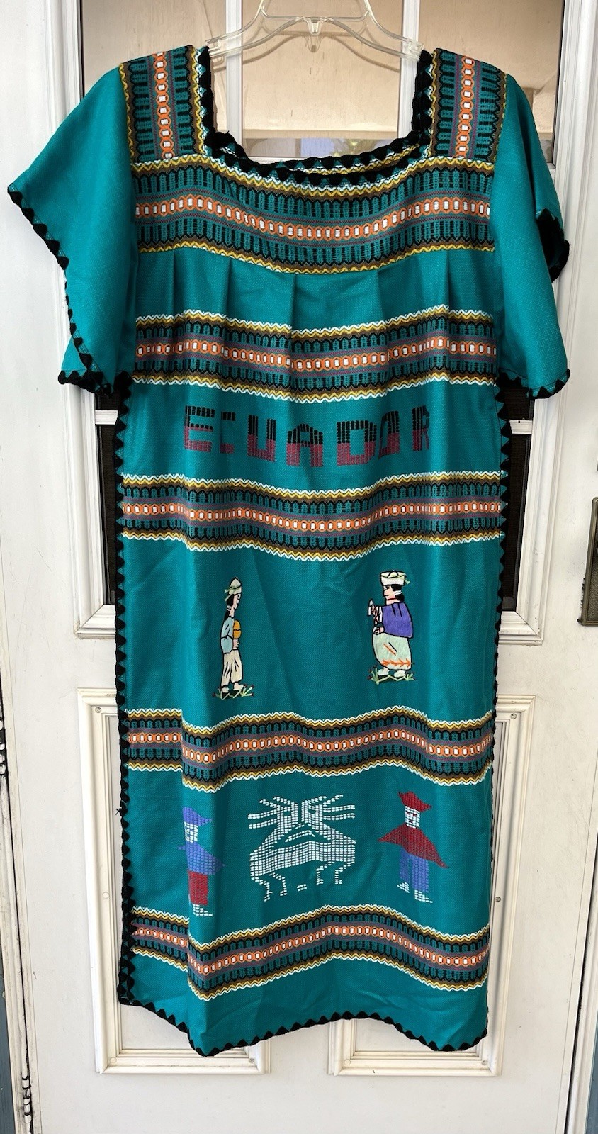 Authentic Mexicali Ecuador Embroidered Cultural Teal Dress