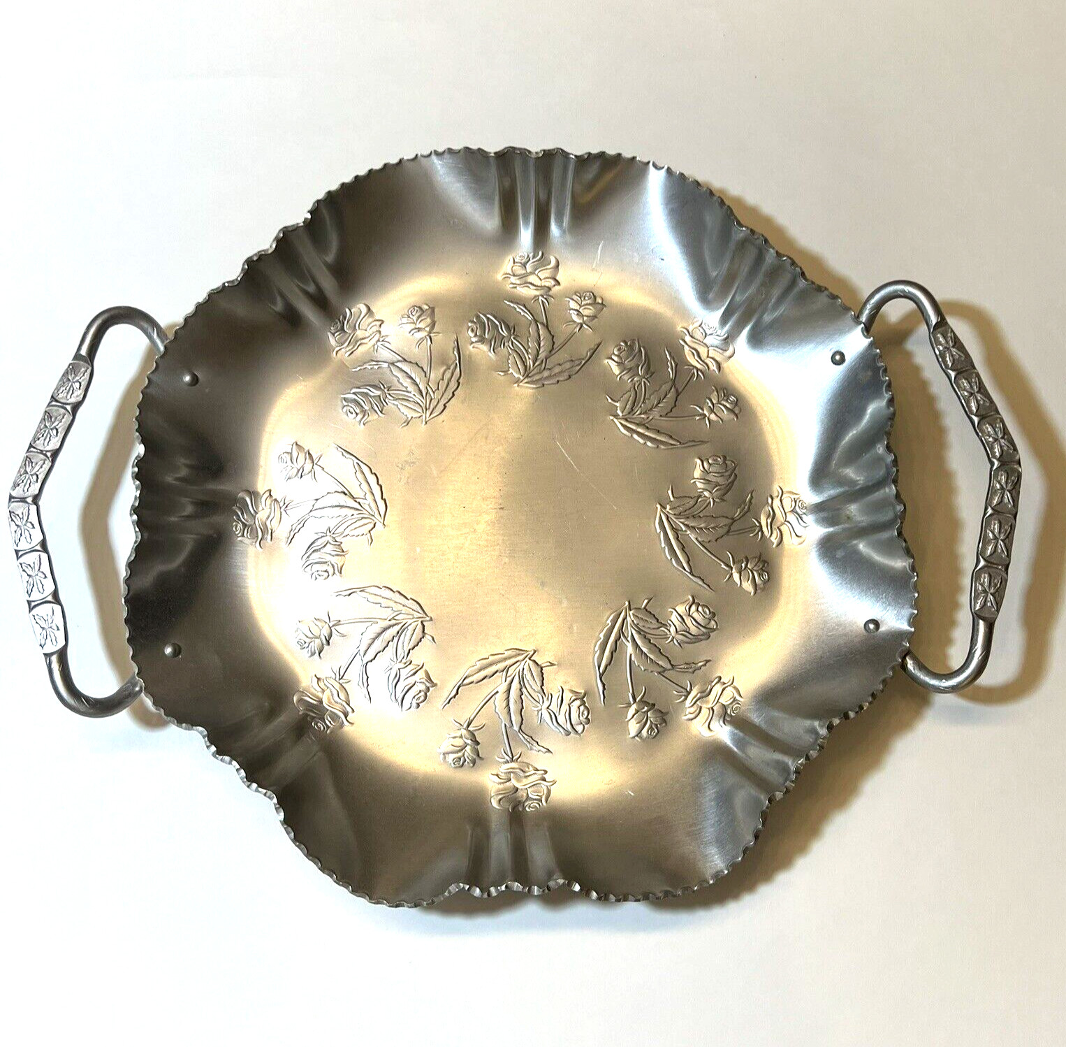 Vintage Farber Shlevin Serving Tray Attached Handles Hand Wrought Aluminum 16”L
