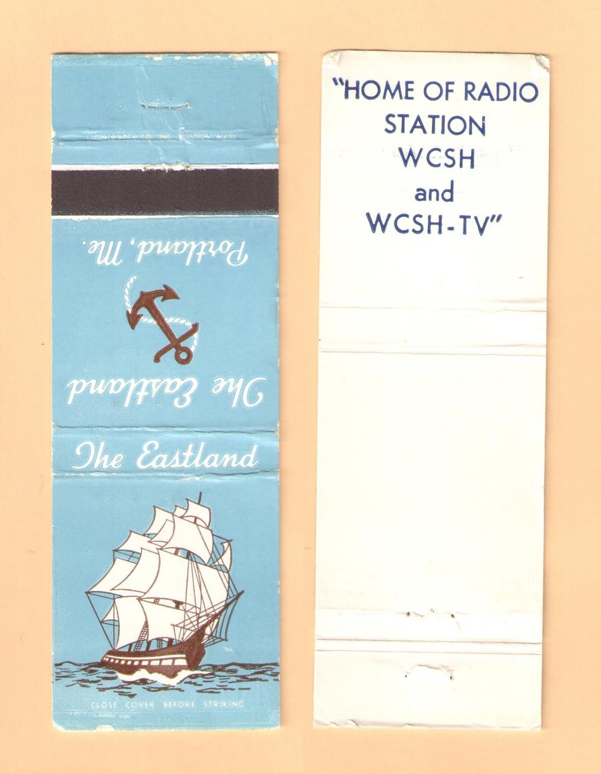 THE EASTLAND PORTLAND MAINE { HOME RADIO STATION WCSH } 2-SIDED MATCHBOOK COVER