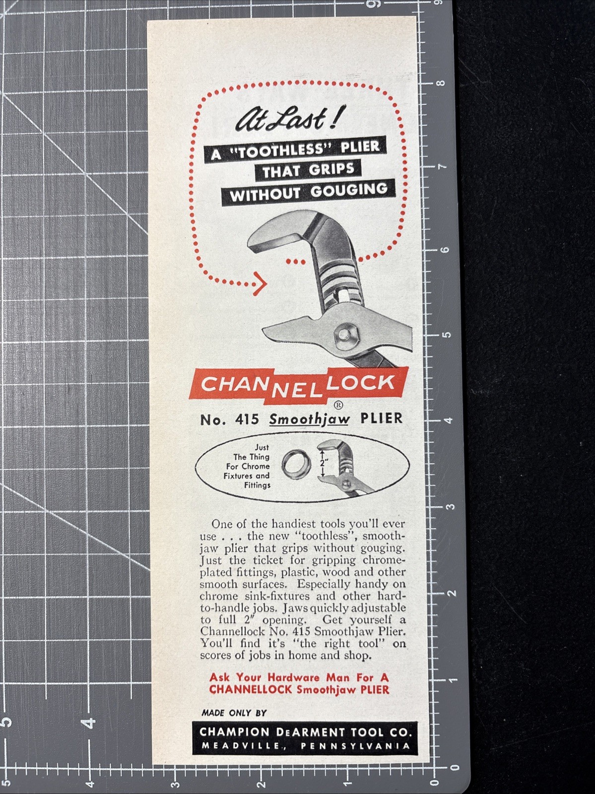 1957 Channellock Pliers Ad No. 415 Smoothjaw Plier Champion DeArment Tool Co