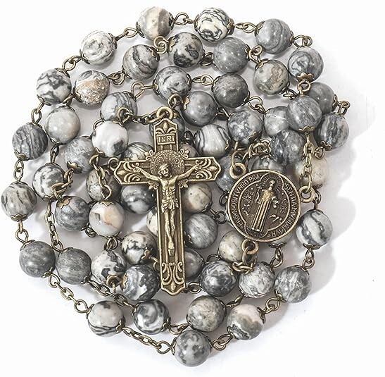 Natural Map Stone Rosary Beads Necklace St. Benedict Cross and Medal