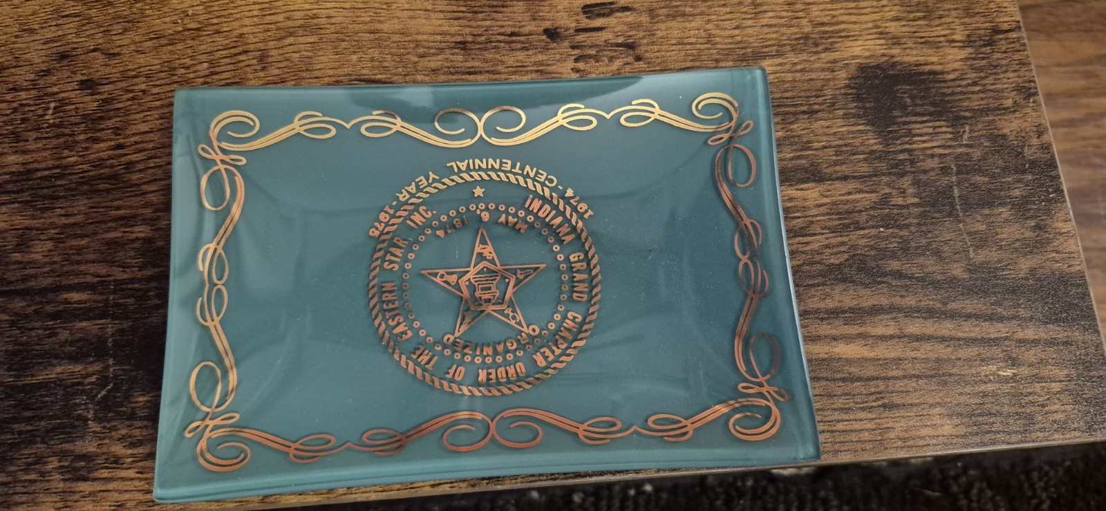 1974 Order Of The Eastern Star Green Glass Dish Tray Plate 6x4 Gold Writing EUC