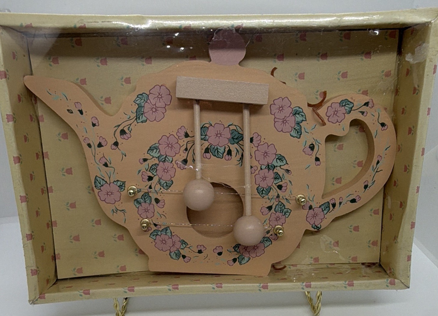 VTG Floral Teapot Shaped Wood Victorian Door Chime sealed in box 9”x 6”