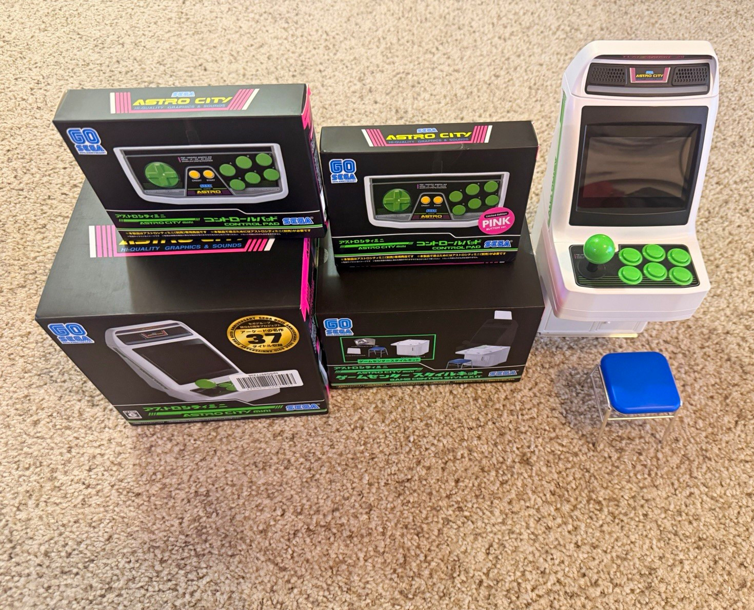 SEGA Astro City mini Arcade Bundle. w/Rise 1st Green Pad and 2nd Player Pink Pad