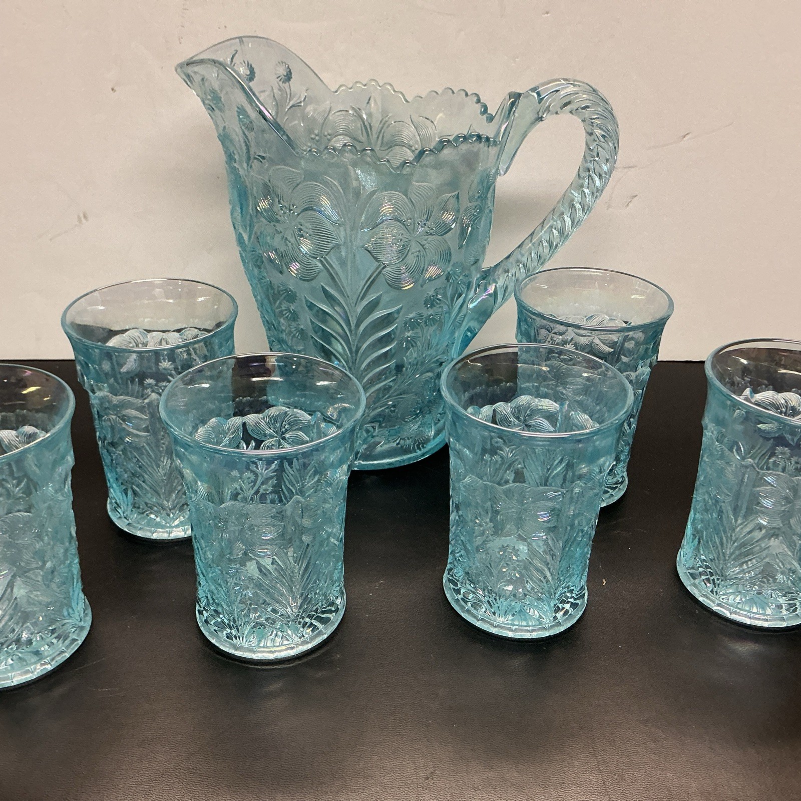 Imperial Iridescent Light Blue Glass Tiger Lily Pitcher Set