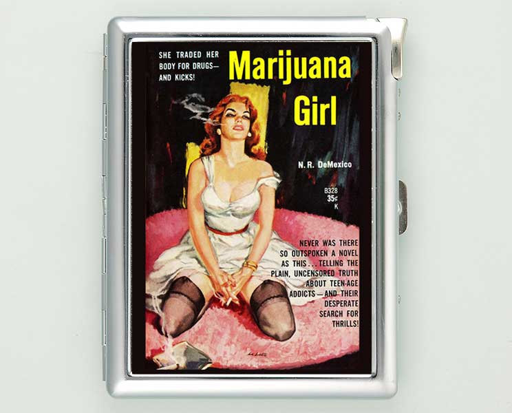 MARIJUANA GIRL PIN UP CIGARETTE CASE LIGHTER SILVER METAL WALLET VINTAGE POSTER