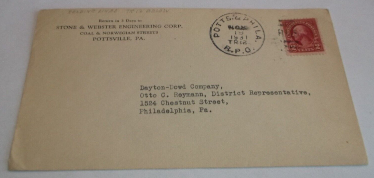 1931 READING COMPANY POTTSVILLE & PHILADELPHIA TRAIN #12 RPO ENVELOPE